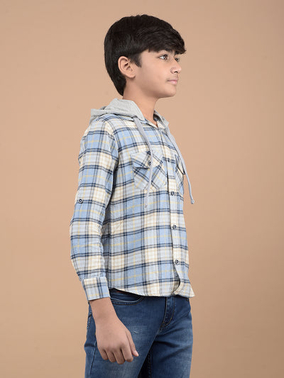 Blue Checked 100% Cotton Hooded Shirt-Boys Shirts-Crimsoune Club