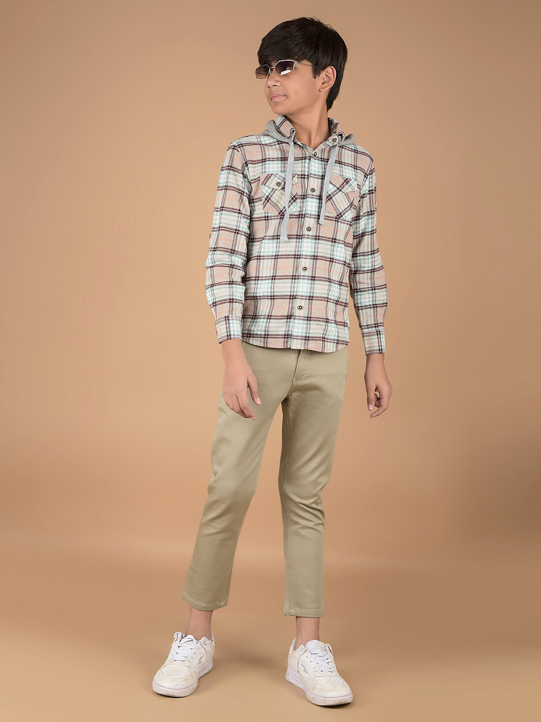 Brown Checked 100% Cotton Hooded Shirt-Boys Shirts-Crimsoune Club