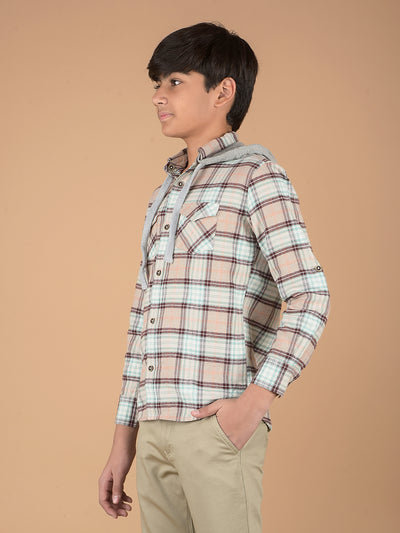 Brown Checked 100% Cotton Hooded Shirt-Boys Shirts-Crimsoune Club