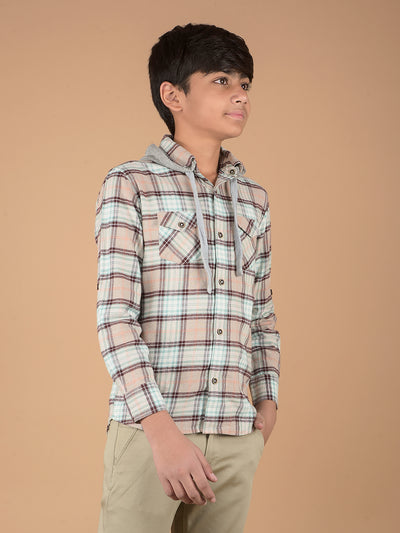 Brown Checked 100% Cotton Hooded Shirt-Boys Shirts-Crimsoune Club
