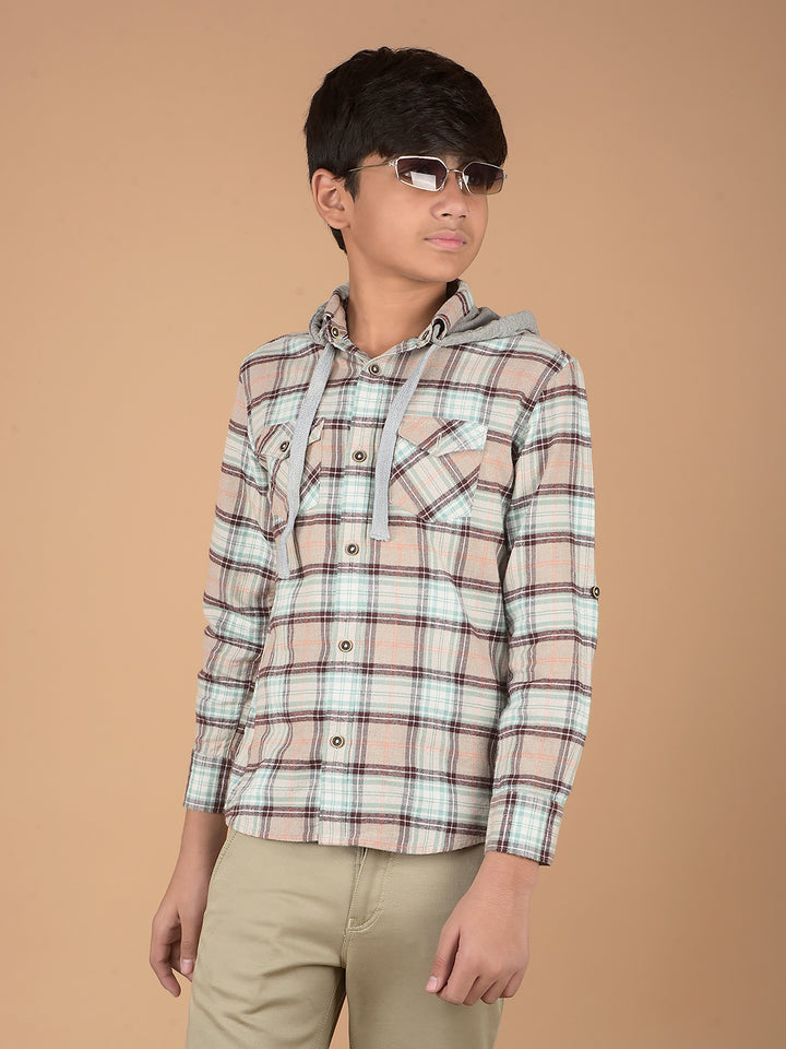 Brown Checked 100% Cotton Hooded Shirt-Boys Shirts-Crimsoune Club