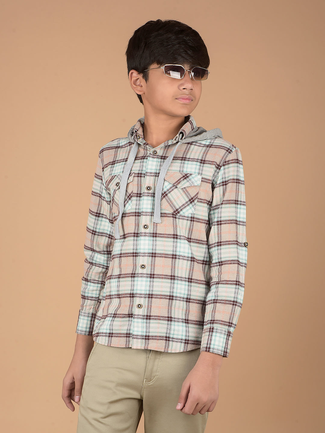 Brown Checked 100% Cotton Hooded Shirt-Boys Shirts-Crimsoune Club