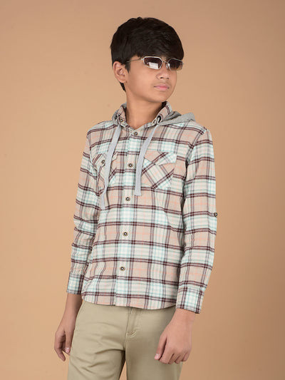 Brown Checked 100% Cotton Hooded Shirt-Boys Shirts-Crimsoune Club