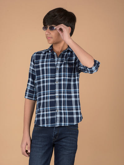 Navy Blue Checked 100% Cotton Shirt-Boys Shirts-Crimsoune Club