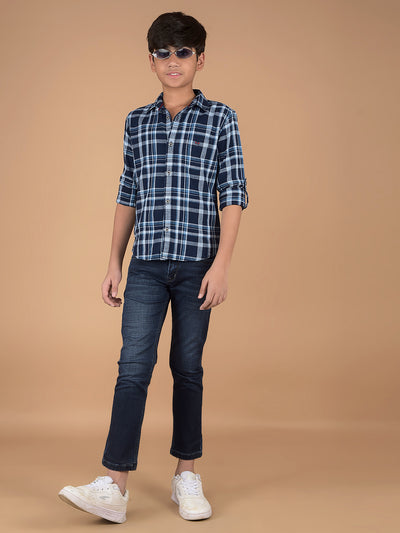Navy Blue Checked 100% Cotton Shirt-Boys Shirts-Crimsoune Club