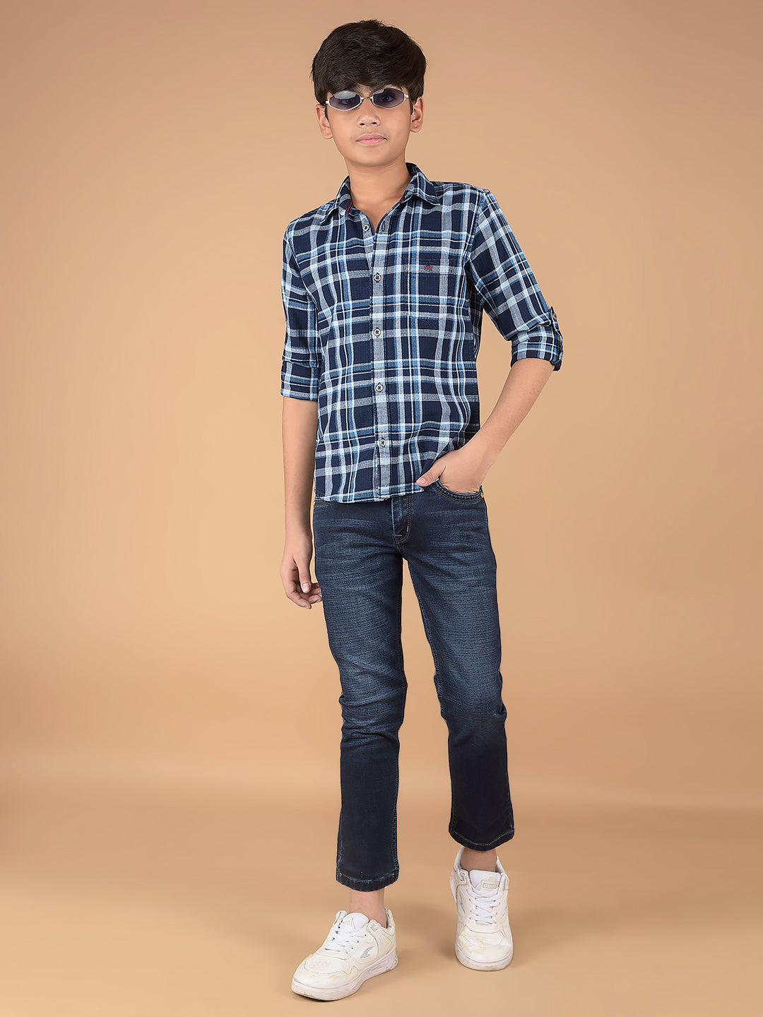 Navy Blue Checked 100% Cotton Shirt-Boys Shirts-Crimsoune Club