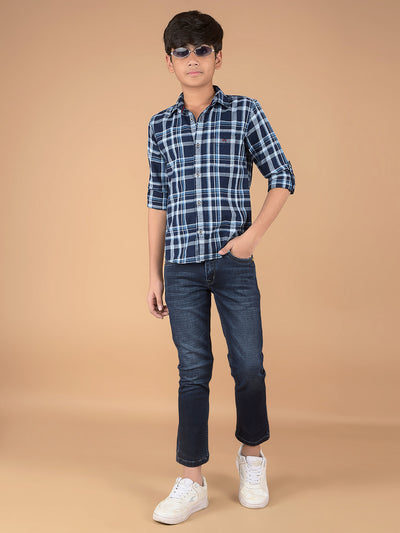 Navy Blue Checked 100% Cotton Shirt-Boys Shirts-Crimsoune Club