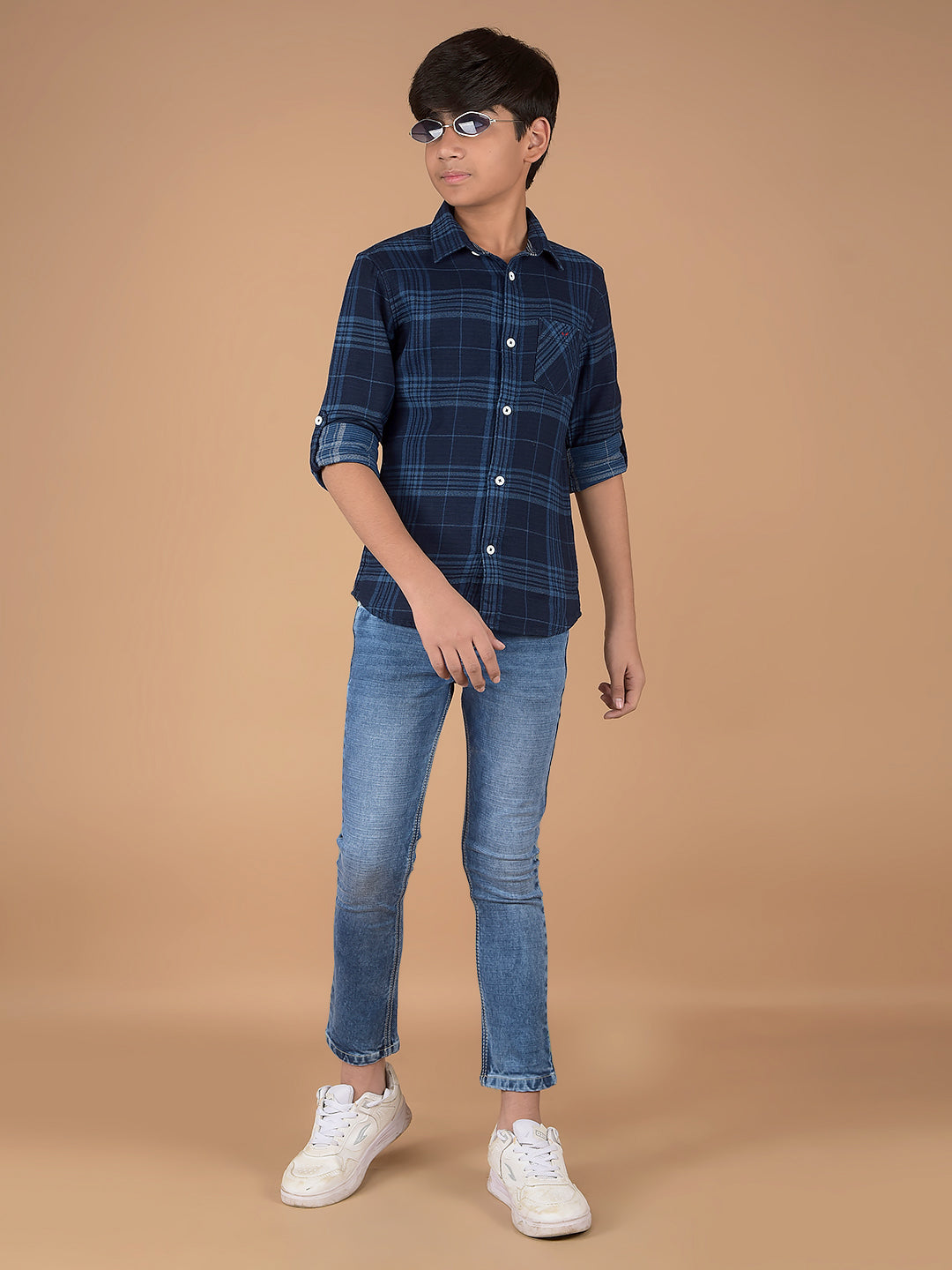 Navy Blue Checked 100% Cotton Shirt-Boys Shirts-Crimsoune Club