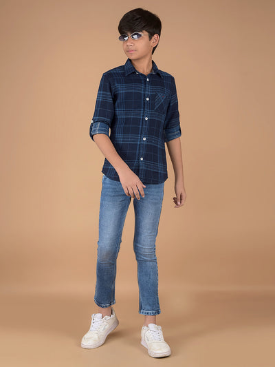 Navy Blue Checked 100% Cotton Shirt-Boys Shirts-Crimsoune Club