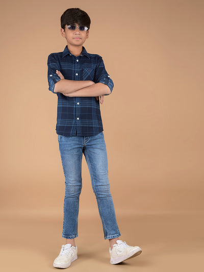 Navy Blue Checked 100% Cotton Shirt-Boys Shirts-Crimsoune Club
