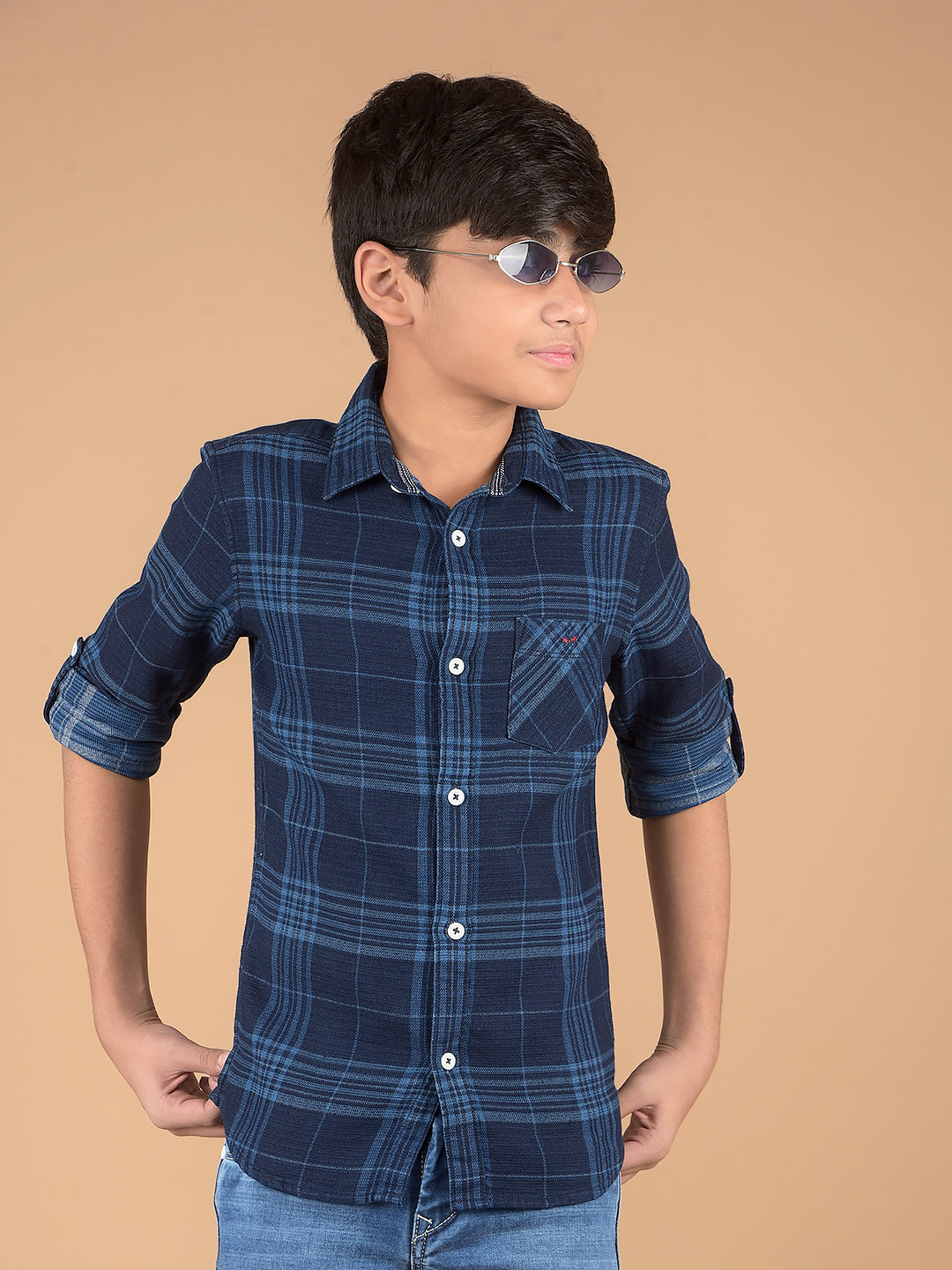 Navy Blue Checked 100% Cotton Shirt-Boys Shirts-Crimsoune Club