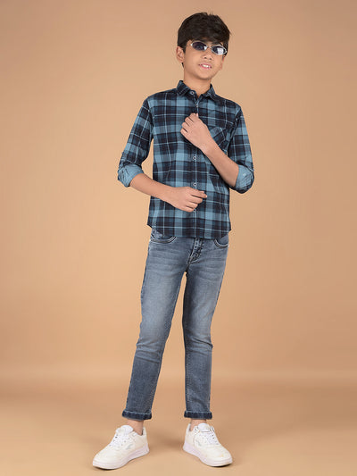 Navy Blue Checked 100% Cotton Shirt-Boys Shirts-Crimsoune Club