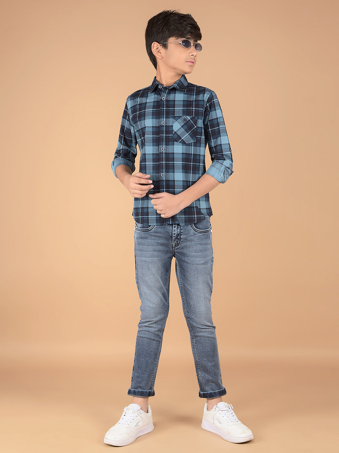 Navy Blue Checked 100% Cotton Shirt-Boys Shirts-Crimsoune Club