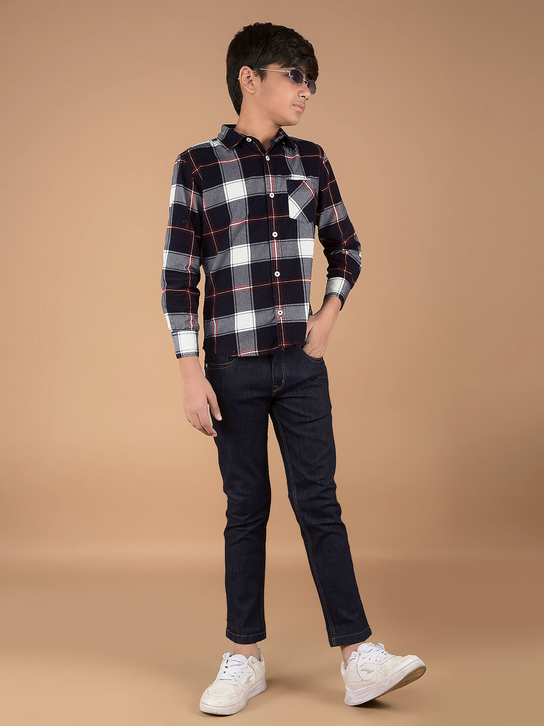 Navy Blue Checked 100% Cotton Shirt-Boys Shirts-Crimsoune Club