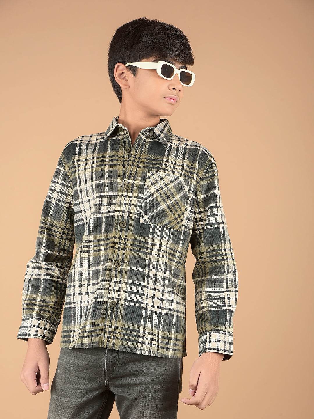 Green Checked 100% Cotton Knitted Shirt-Boys Shirts-Crimsoune Club