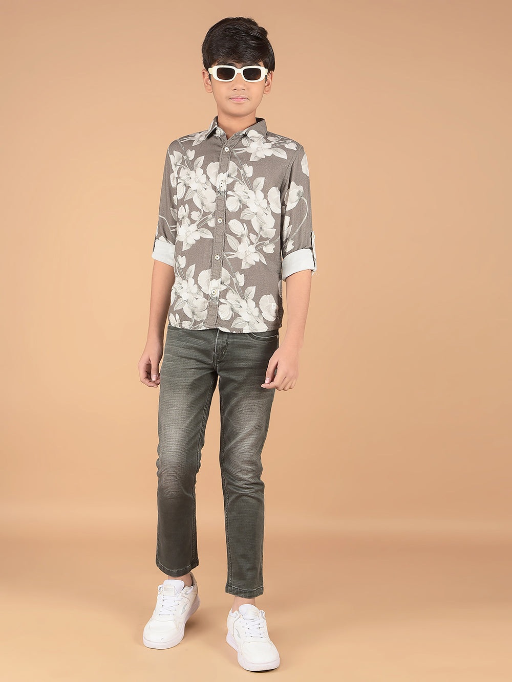 Olive Floral Print 100% Cotton Shirt-Boys Shirts-Crimsoune Club