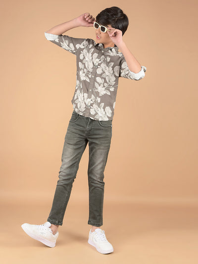 Olive Floral Print 100% Cotton Shirt-Boys Shirts-Crimsoune Club