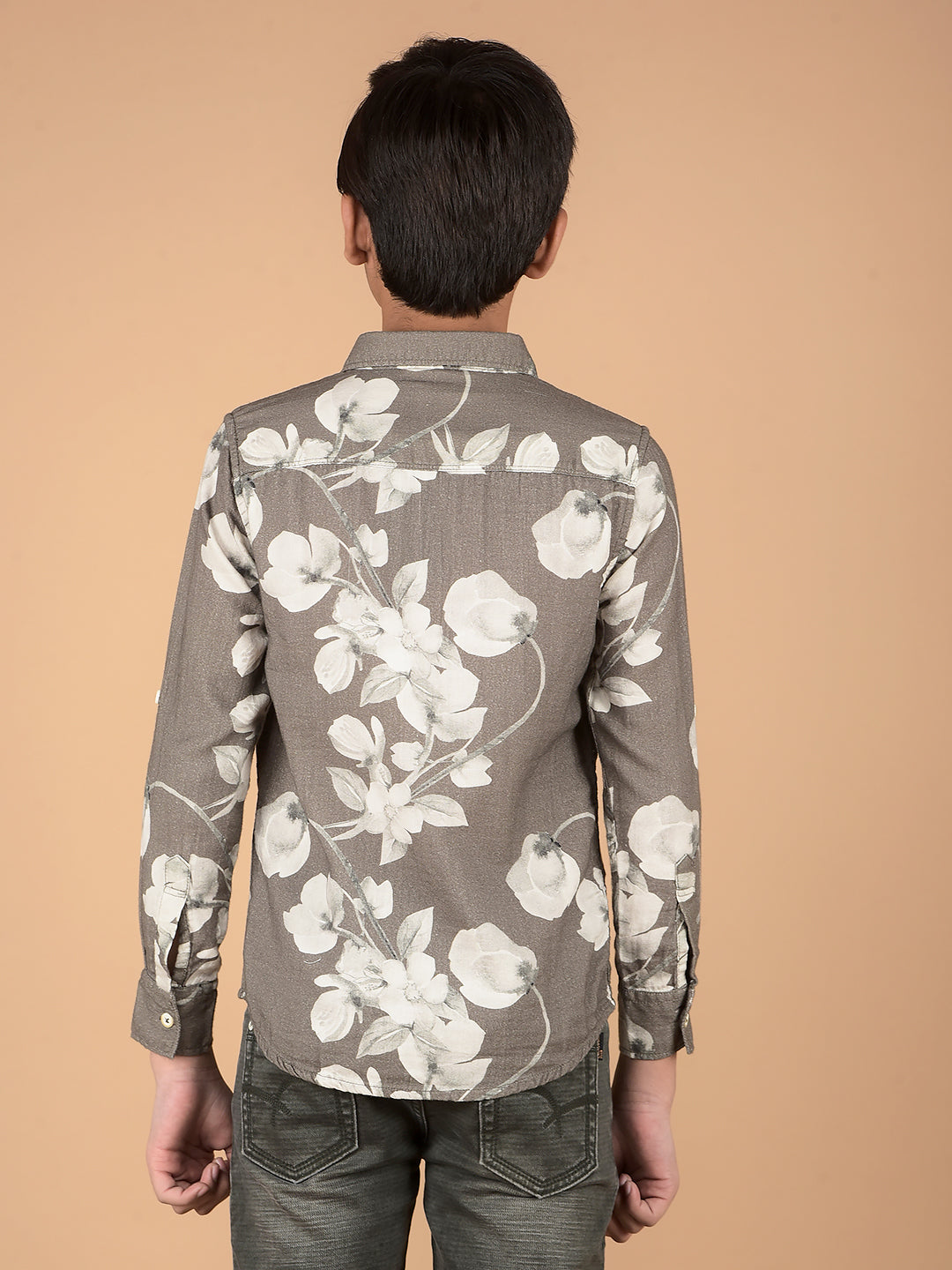Olive Floral Print 100% Cotton Shirt-Boys Shirts-Crimsoune Club