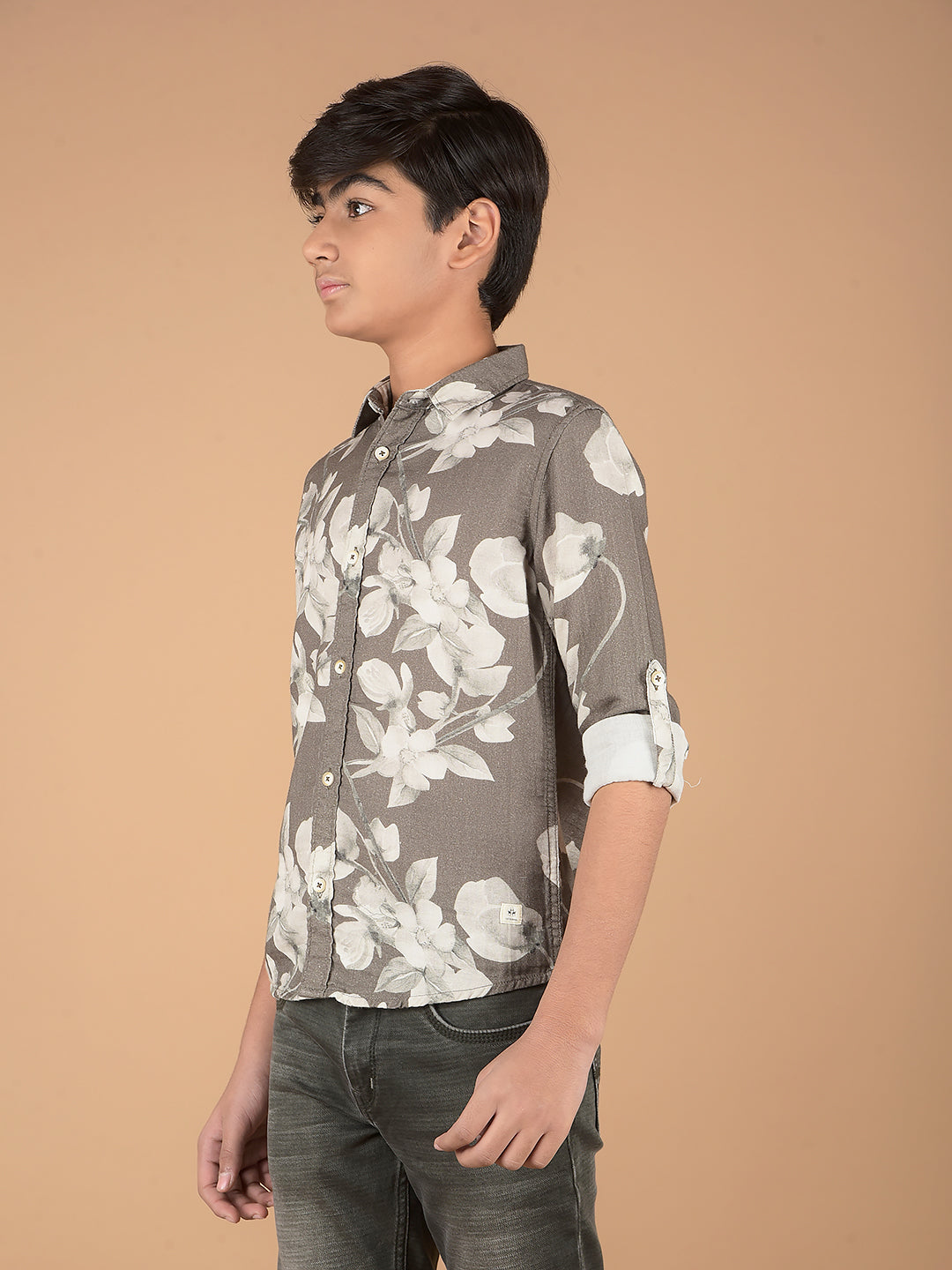 Olive Floral Print 100% Cotton Shirt-Boys Shirts-Crimsoune Club