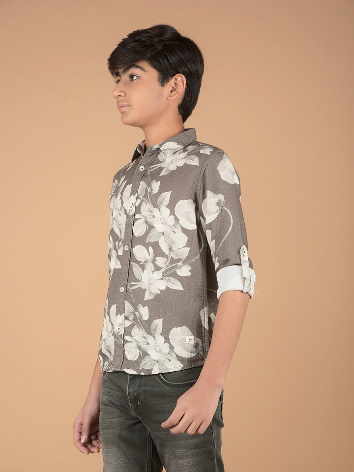 Olive Floral Print 100% Cotton Shirt-Boys Shirts-Crimsoune Club