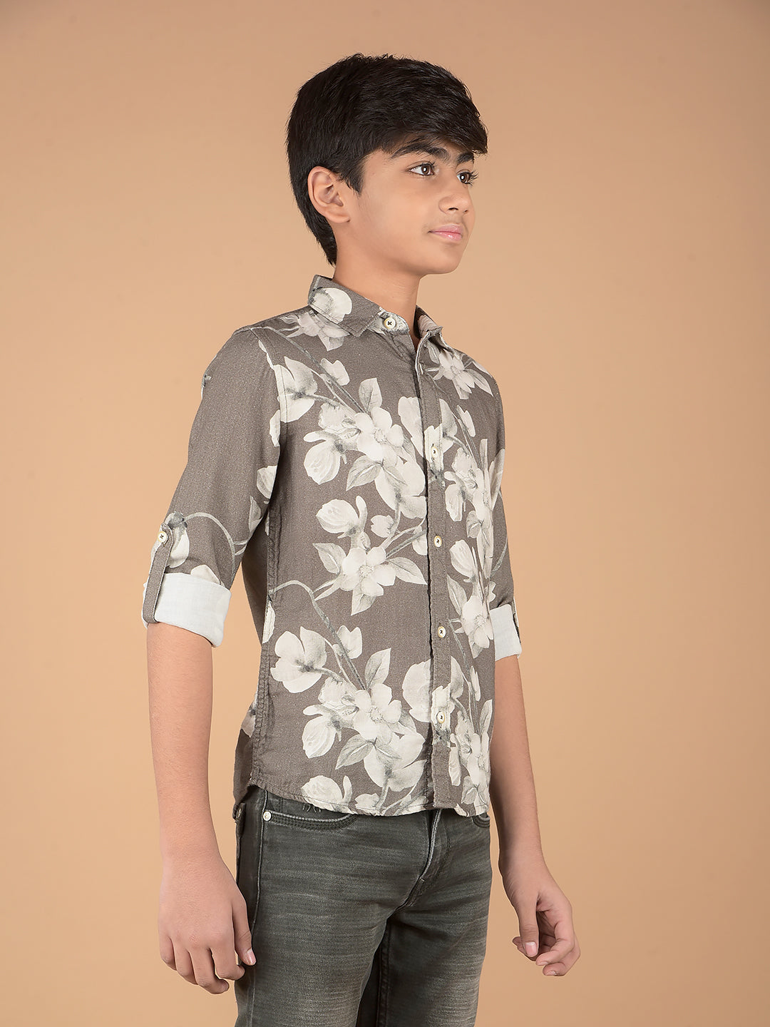Olive Floral Print 100% Cotton Shirt-Boys Shirts-Crimsoune Club