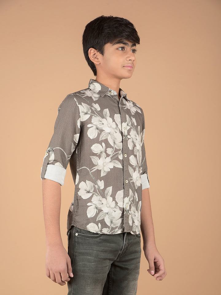 Olive Floral Print 100% Cotton Shirt-Boys Shirts-Crimsoune Club