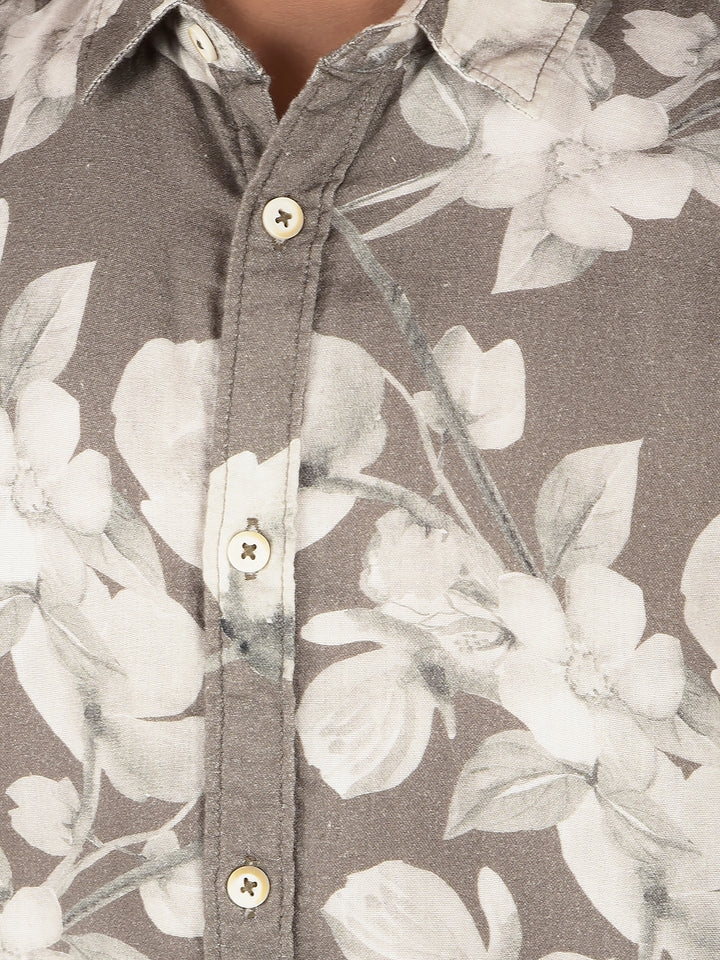 Olive Floral Print 100% Cotton Shirt-Boys Shirts-Crimsoune Club