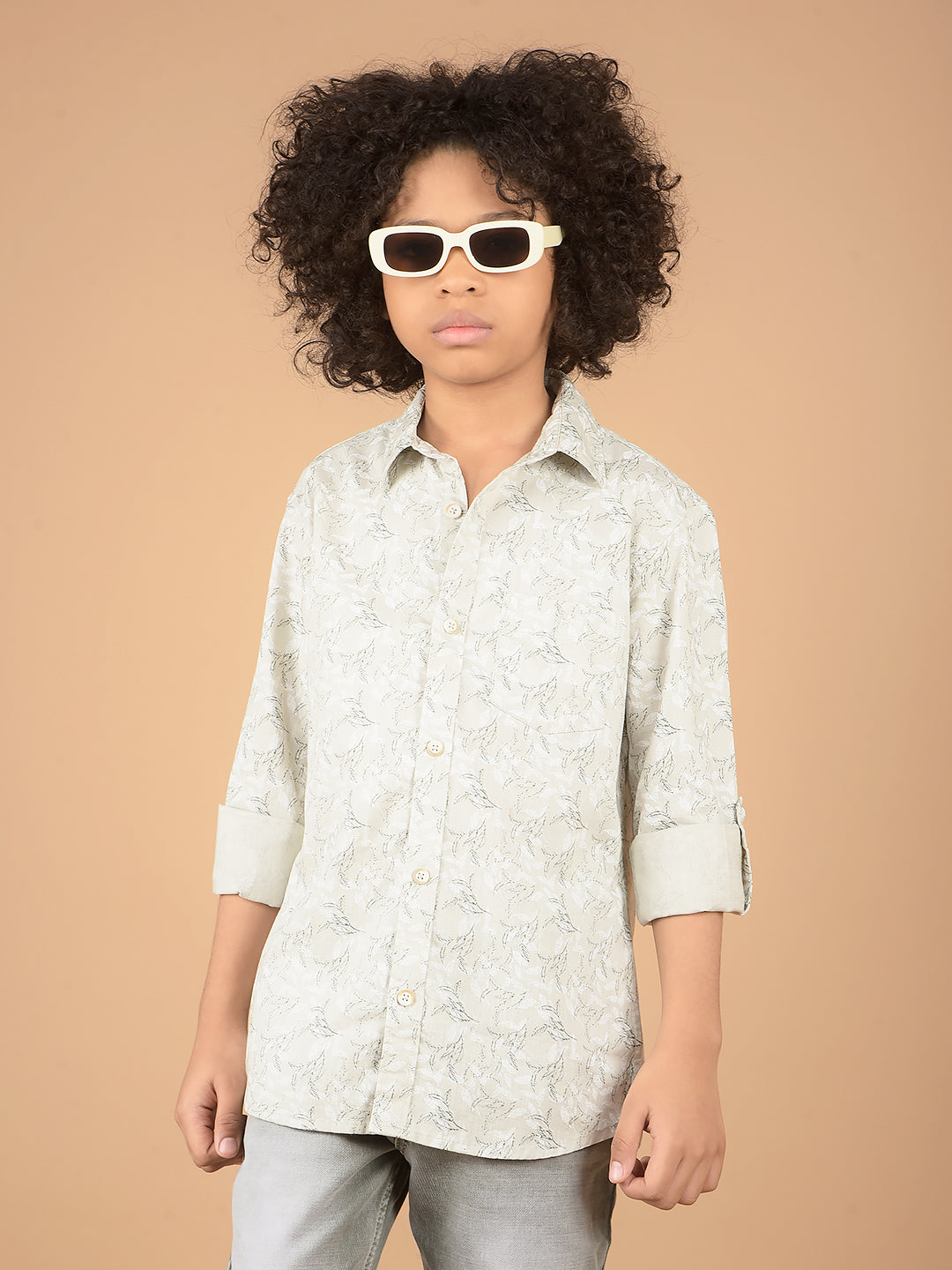 Grey Floral Print 100% Cotton Shirt-Boys Shirts-Crimsoune Club