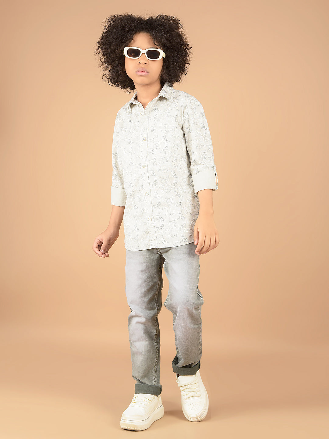 Grey Floral Print 100% Cotton Shirt-Boys Shirts-Crimsoune Club