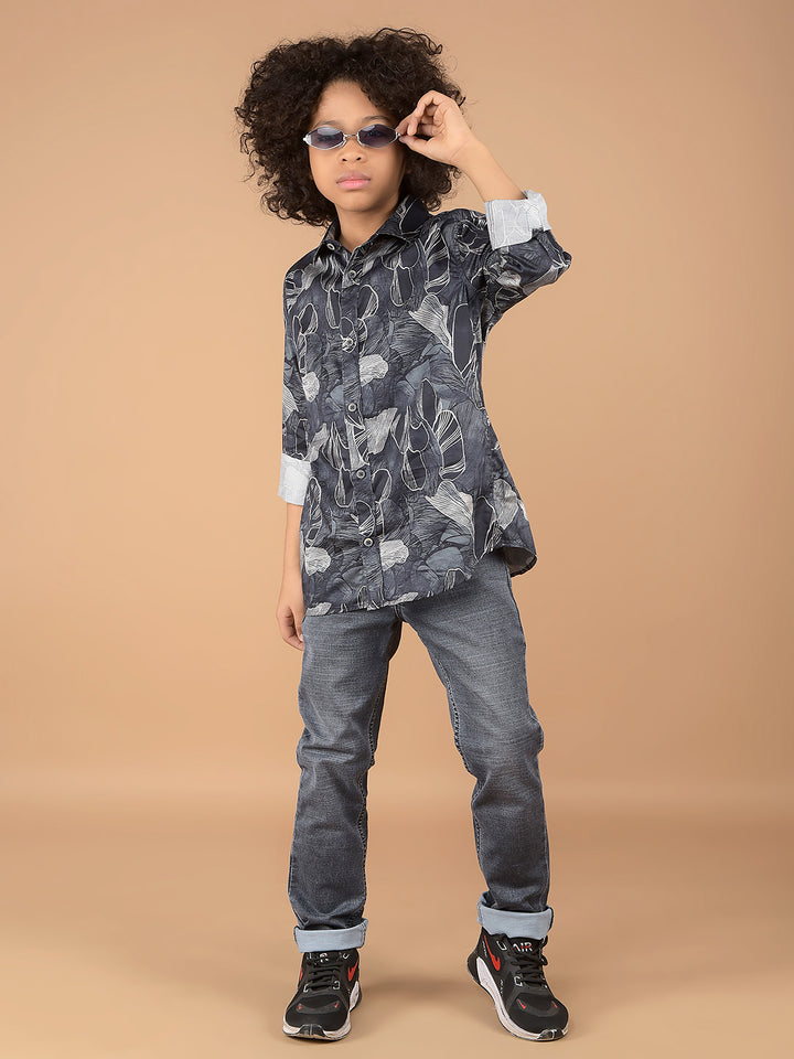Navy Blue Floral Print 100% Cotton Shirt-Boys Shirts-Crimsoune Club