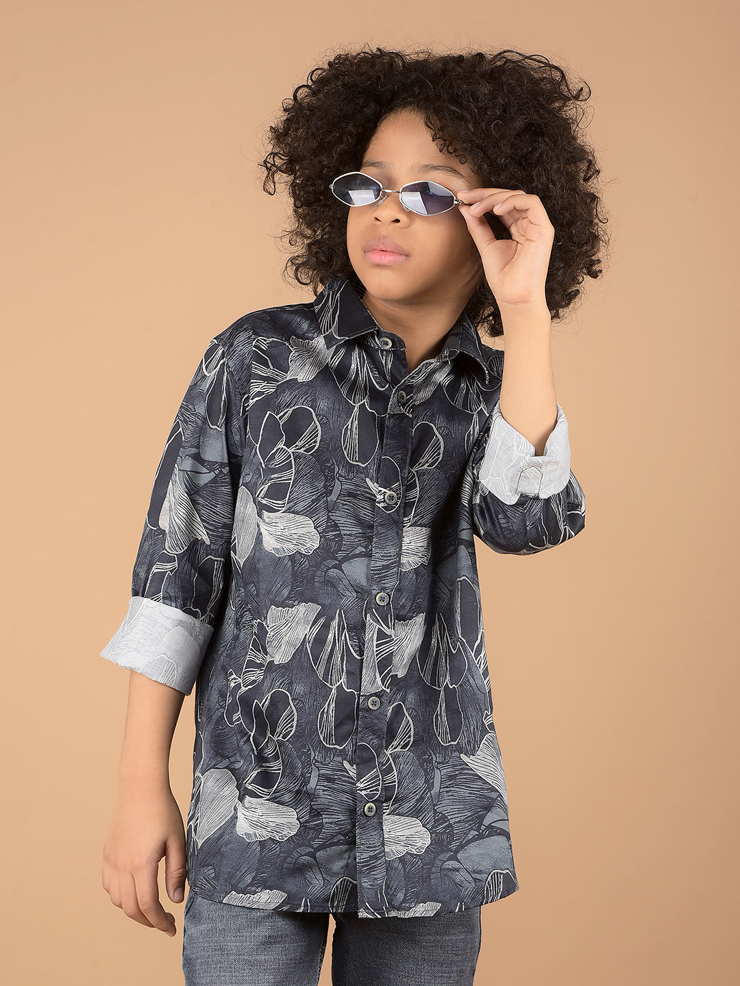 Navy Blue Floral Print 100% Cotton Shirt-Boys Shirts-Crimsoune Club