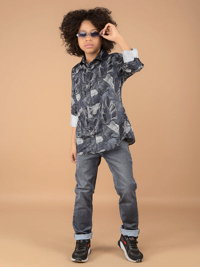 Navy Blue Floral Print 100% Cotton Shirt-Boys Shirts-Crimsoune Club