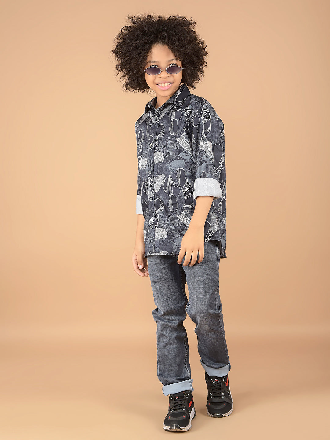 Navy Blue Floral Print 100% Cotton Shirt-Boys Shirts-Crimsoune Club