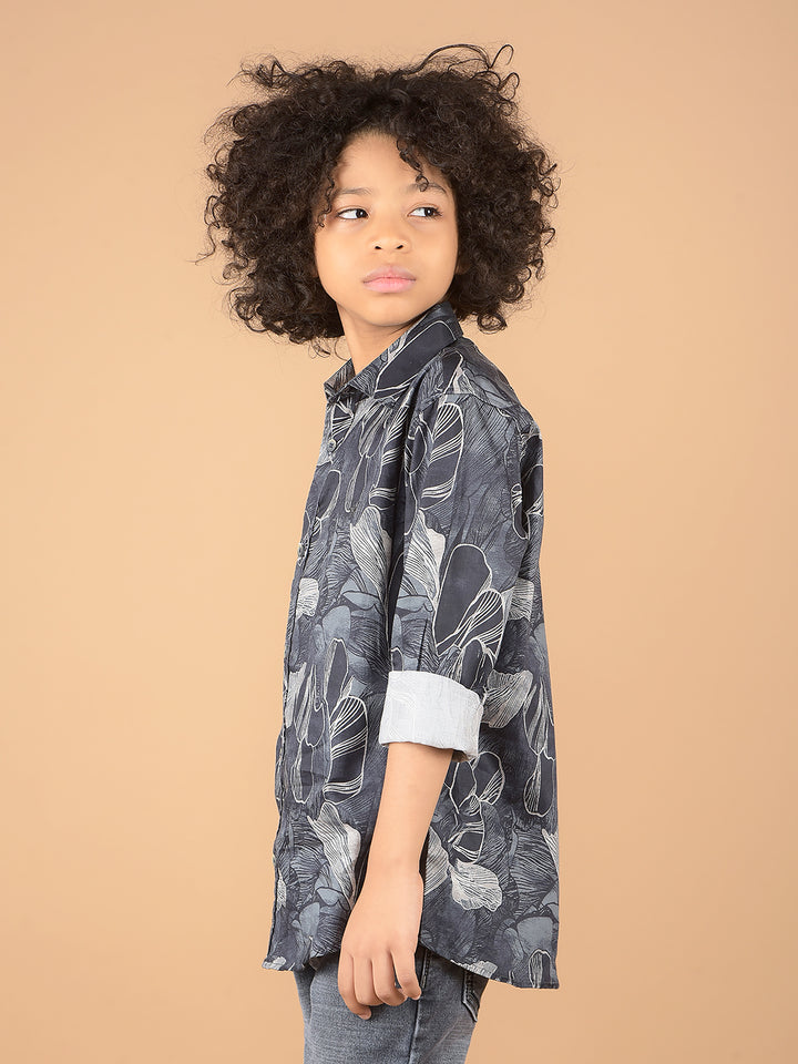 Navy Blue Floral Print 100% Cotton Shirt-Boys Shirts-Crimsoune Club