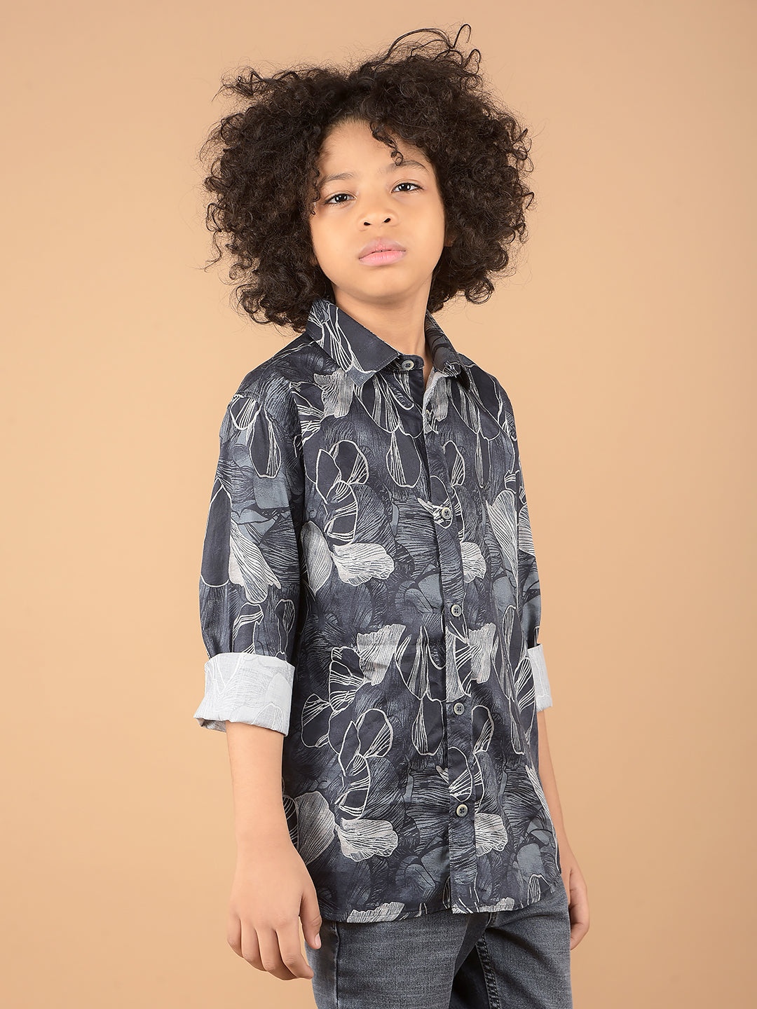 Navy Blue Floral Print 100% Cotton Shirt-Boys Shirts-Crimsoune Club