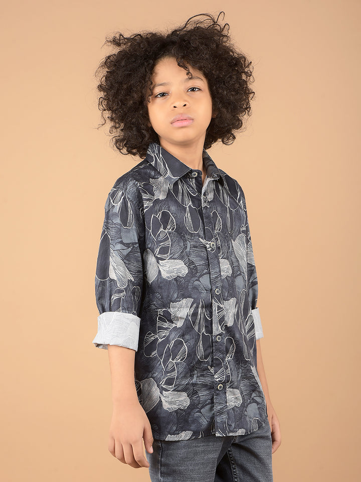 Navy Blue Floral Print 100% Cotton Shirt-Boys Shirts-Crimsoune Club