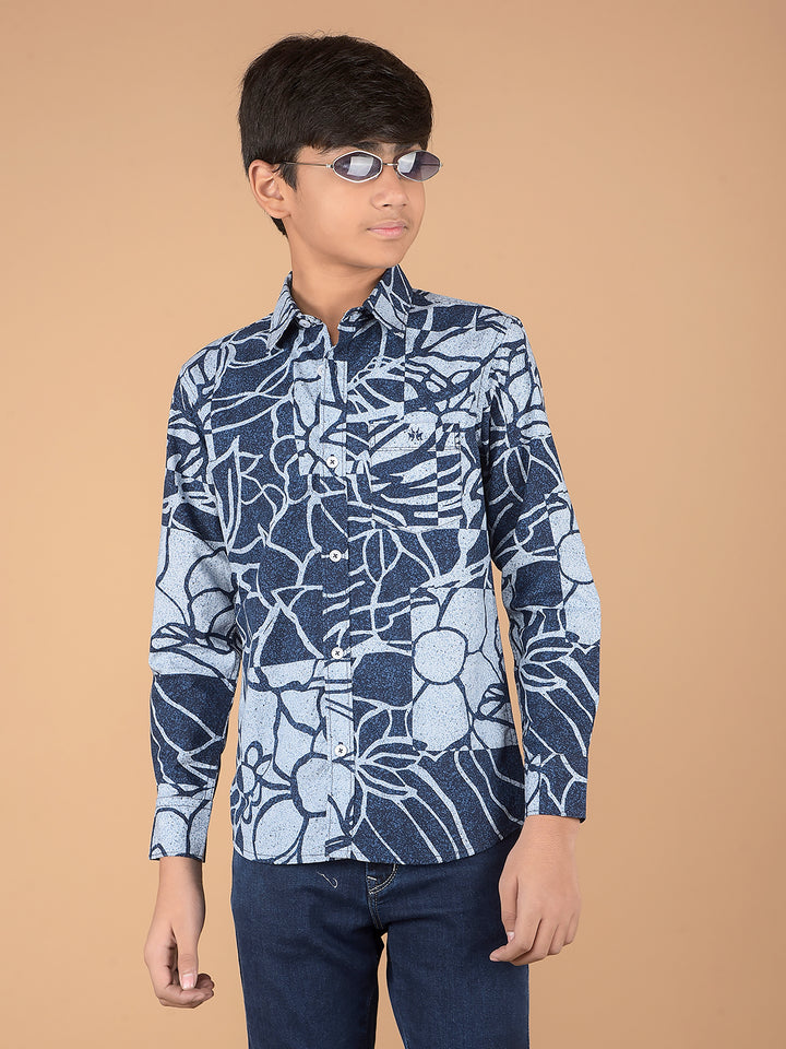 Blue Floral Print 100% Cotton Shirt-Boys Shirts-Crimsoune Club