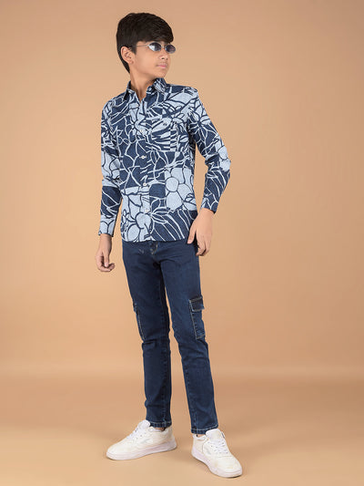 Blue Floral Print 100% Cotton Shirt-Boys Shirts-Crimsoune Club
