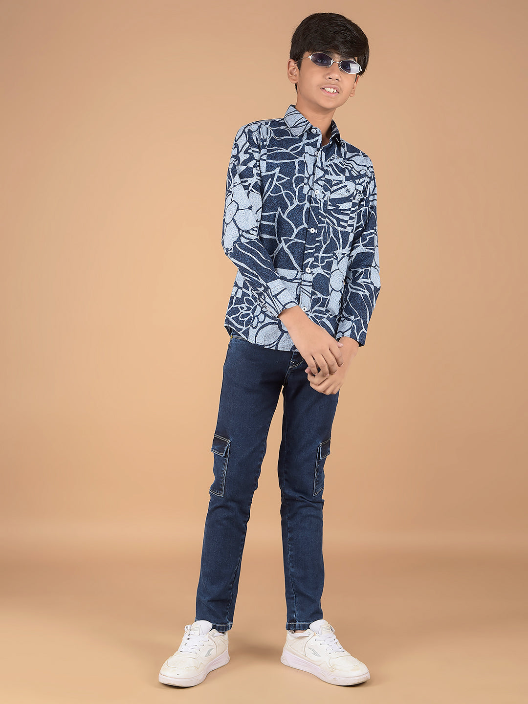 Blue Floral Print 100% Cotton Shirt-Boys Shirts-Crimsoune Club