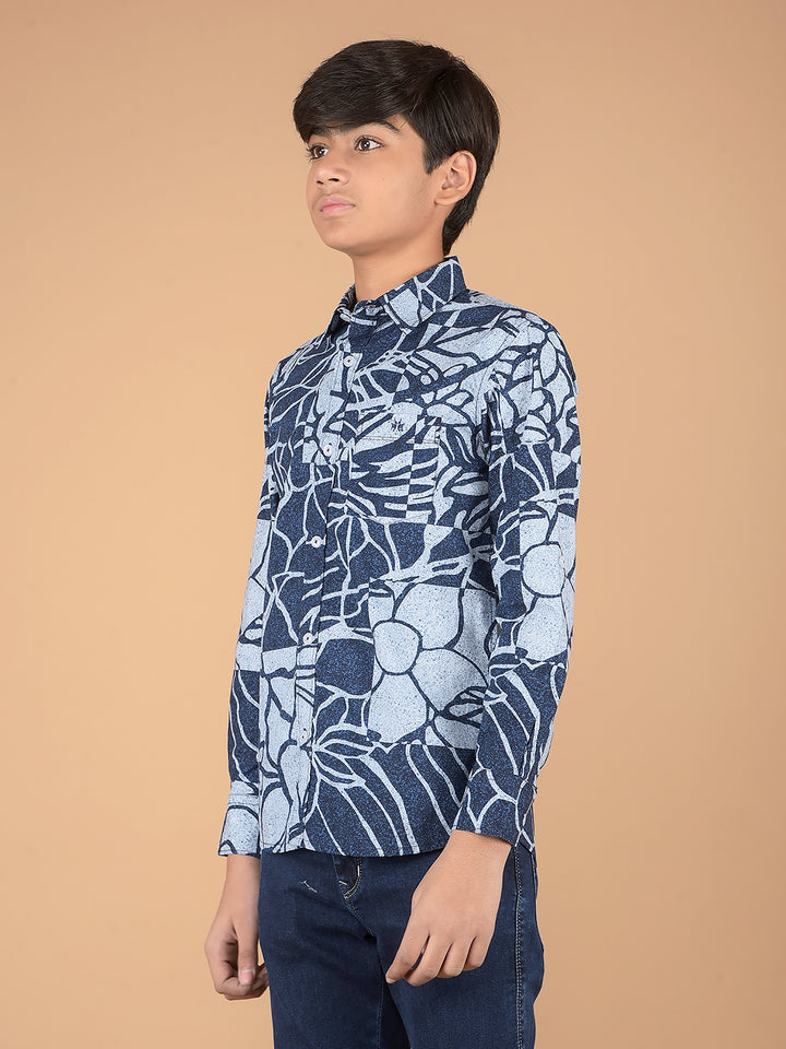 Blue Floral Print 100% Cotton Shirt-Boys Shirts-Crimsoune Club