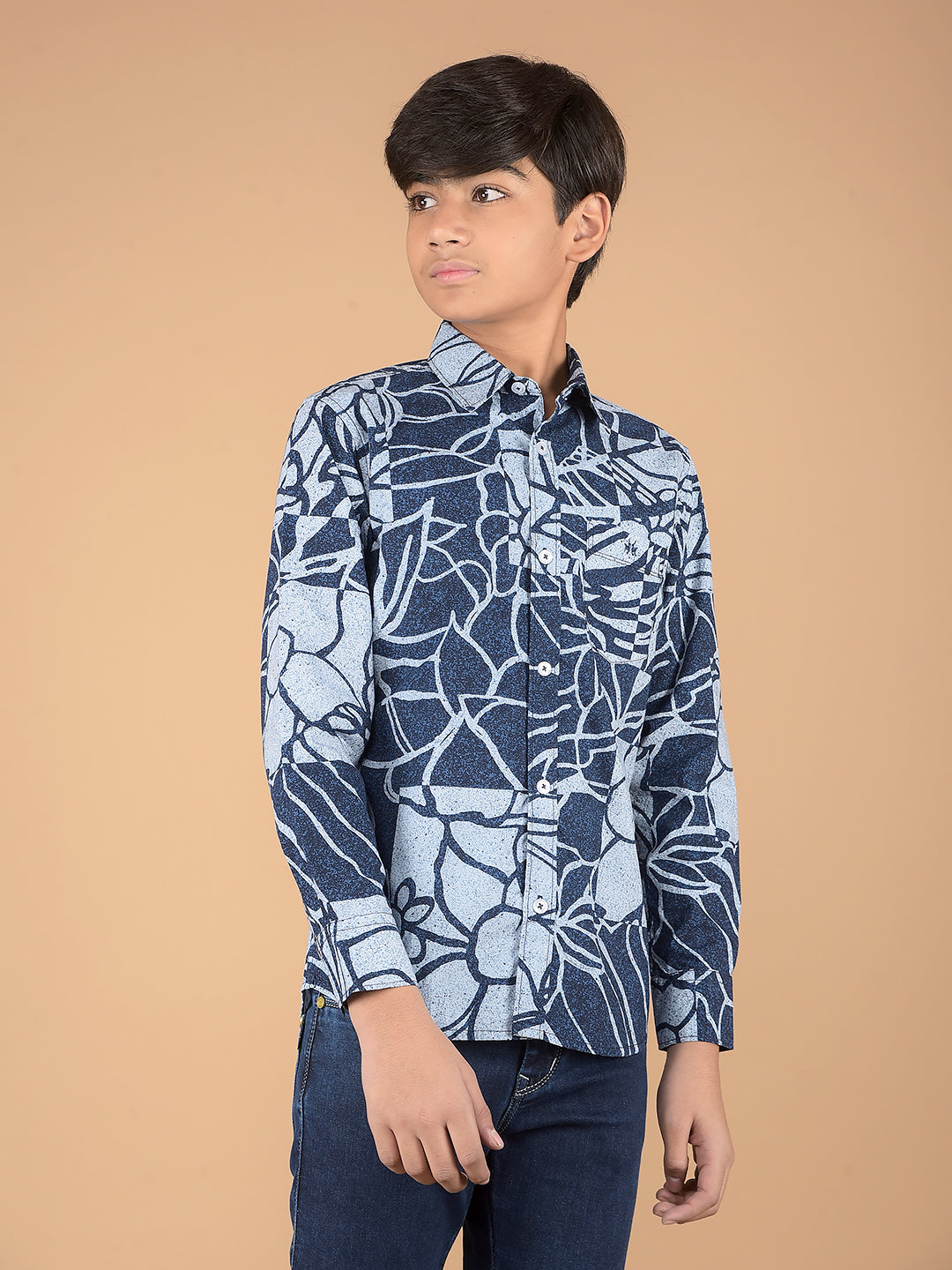 Blue Floral Print 100% Cotton Shirt-Boys Shirts-Crimsoune Club