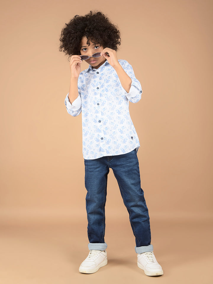 Blue Floral Print 100% Cotton Shirt-Boys Shirts-Crimsoune Club