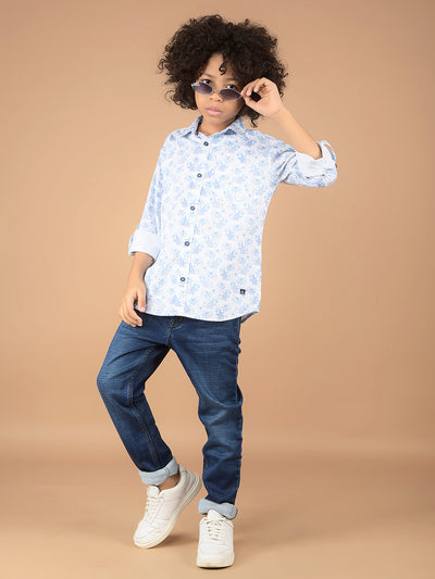 Blue Floral Print 100% Cotton Shirt-Boys Shirts-Crimsoune Club