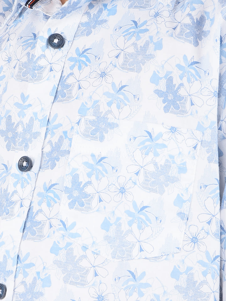 Blue Floral Print 100% Cotton Shirt-Boys Shirts-Crimsoune Club