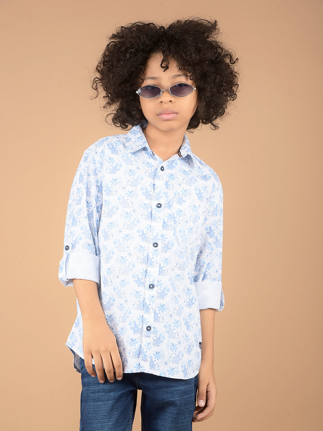 Blue Floral Print 100% Cotton Shirt-Boys Shirts-Crimsoune Club
