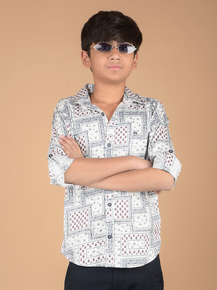 White Printed 100% Cotton Shirt-Boys Shirts-Crimsoune Club