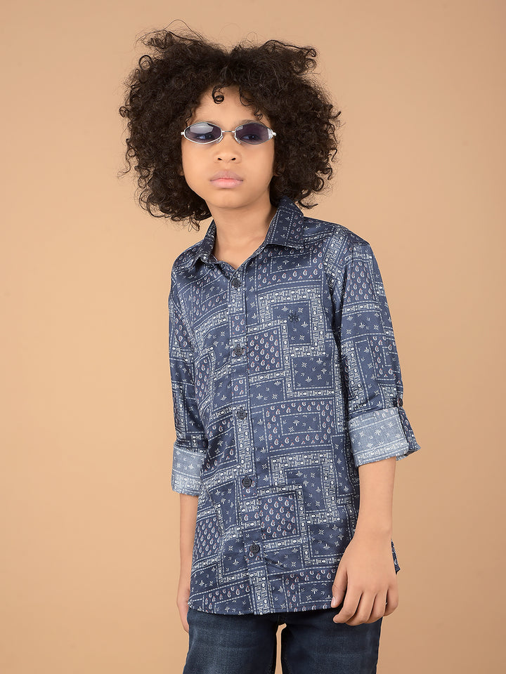 Navy Blue Printed 100% Cotton Shirt-Boys Shirts-Crimsoune Club