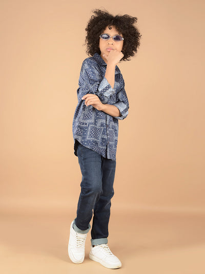 Navy Blue Printed 100% Cotton Shirt-Boys Shirts-Crimsoune Club