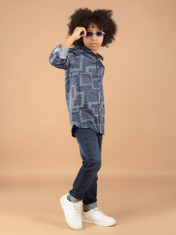Navy Blue Printed 100% Cotton Shirt-Boys Shirts-Crimsoune Club
