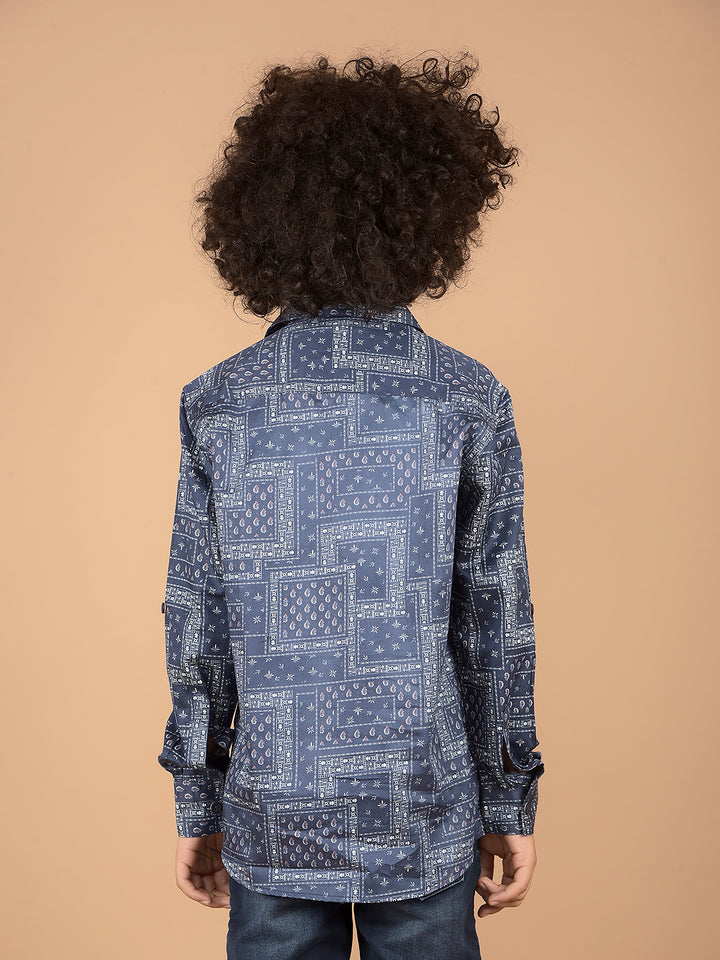 Navy Blue Printed 100% Cotton Shirt-Boys Shirts-Crimsoune Club